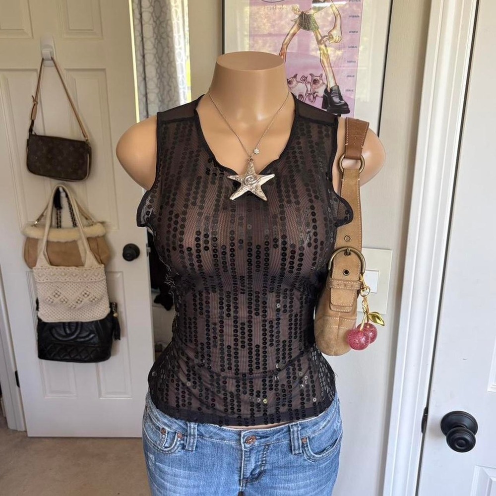 y2k 2000s express whimsygoth black sheer sequin mesh top party going out